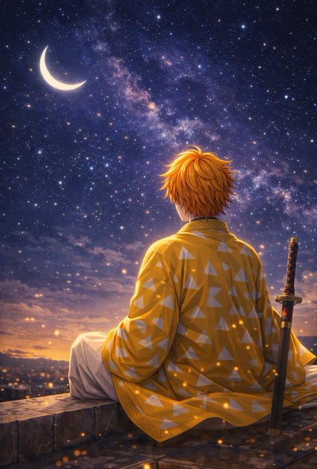 An anime-style illustration of a character with orange hair wearing a yellow kimono with triangle patterns, sitting under a starry night sky with a crescent moon, with a katana sword beside them.