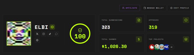A dark-themed affiliate dashboard for user "ELBI" displaying an affiliate score of 100, with 323 total submissions, 319 approved, and $1,026.30 in total earned, visually matching the post's claim of "1k in payouts in less than 3 months" on the Shillz platform.