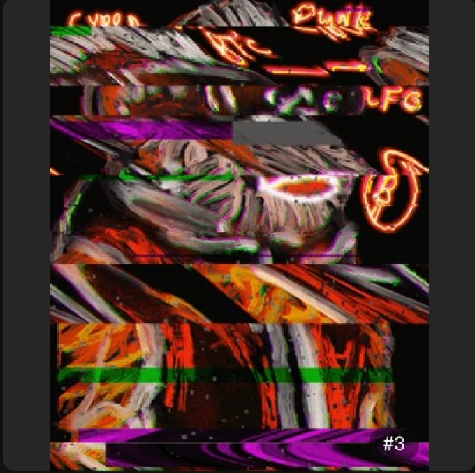 A glitchy, distorted, and colorful digital artwork with text that appears to read 'CYBR PUNK' and 'Big g... ULFS', labeled '#3' in the bottom right corner.