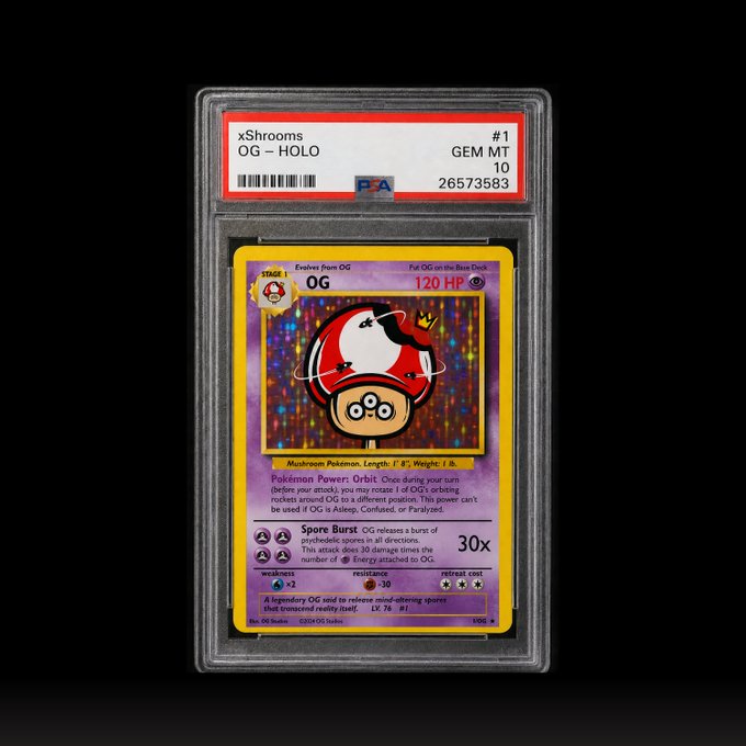 A PSA-graded GEM MT 10 holographic Pokémon card labeled "xShrooms" featuring a custom "OG" Psychic-type character with 120 HP is displayed in a protective slab against a black background, showcasing its flawless mint condition rating.