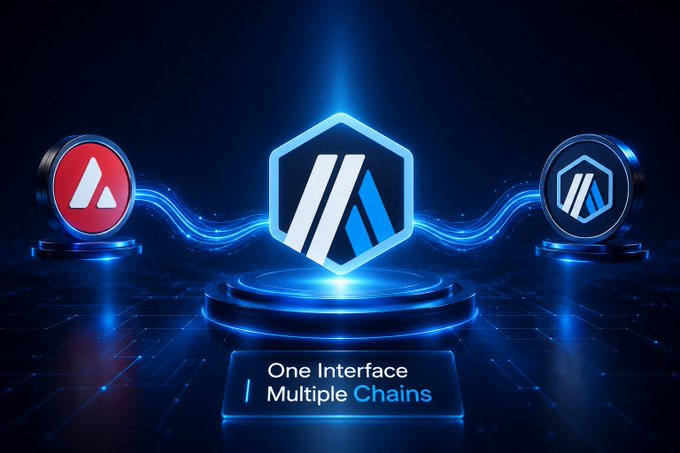 A digital graphic featuring a glowing blue hexagonal logo on a pedestal, flanked by two circular cryptocurrency symbols, with text reading 'One Interface | Multiple Chains'.