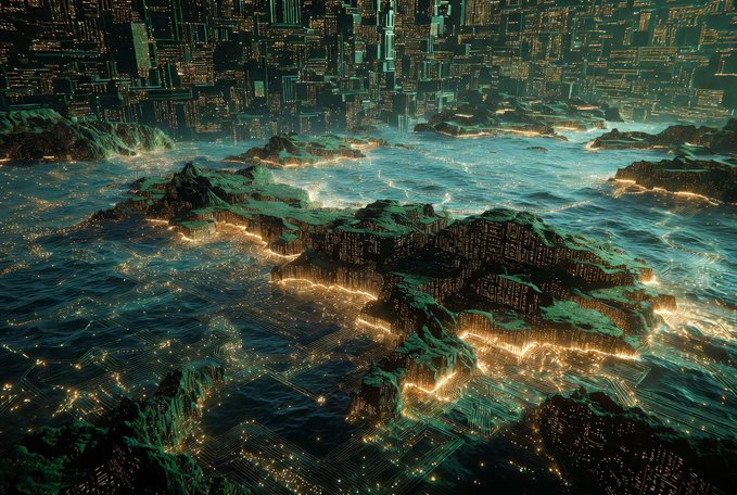 A digital artwork depicting a futuristic city with glowing green and gold circuitry patterns integrated into mountainous terrain and water.