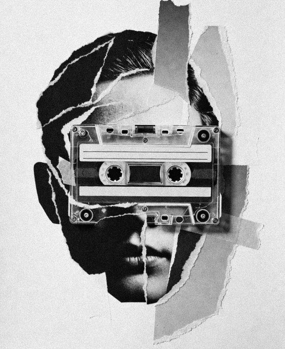 A black-and-white collage artwork depicting a fragmented portrait of a man's face torn into pieces, with a cassette tape obscuring the eyes. The accompanying post references the piece as art being sold on @objktcom, a digital art marketplace for NFTs.