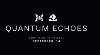 A minimalist black promotional graphic for 'QUANTUM ECHOES' with two small logos at the top, announcing 'MINT YOURS ON OPENSEA' and 'SEPTEMBER 14' in white text.
