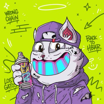 A colorful illustration of a cartoon character in a purple hoodie and cap holding a spray paint can, with graffiti-style text 'WRONG CHAIN', 'BACK TO HEAR', and 'LOS GATOS' on a green background.