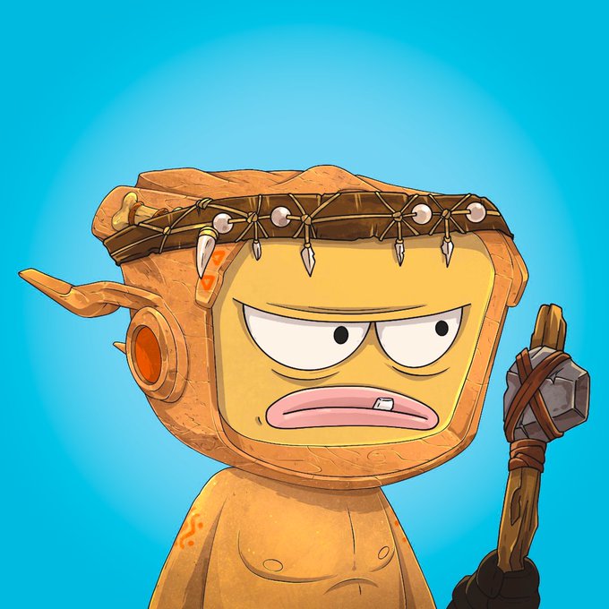 A cartoon character with an angry expression wearing a tribal-style mask and headband, holding a wooden staff with a stone, set against a blue background.