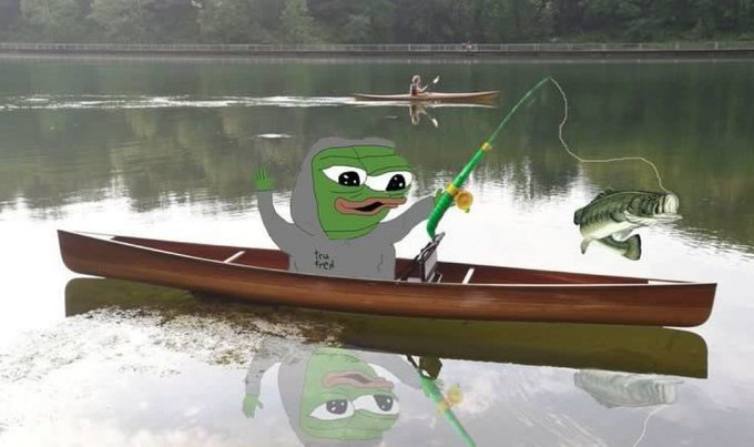 A digital artwork featuring a Pepe the Frog character in a hoodie fishing from a canoe on a lake, with a bass fish leaping out of the water and another fisherman visible in the background.