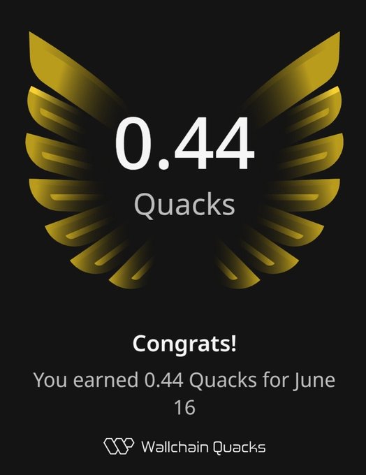 The image features a poster with an illustration of a bird's wing design, which has gold and black colors. Below this bird-themed design, there is text that reads "Congratulations! You earned 0.44 Quacks for June". The poster also includes a number, 0.44, in the bottom right corner. This number represents the number of Quacks that were earned by the person who posted the image.
