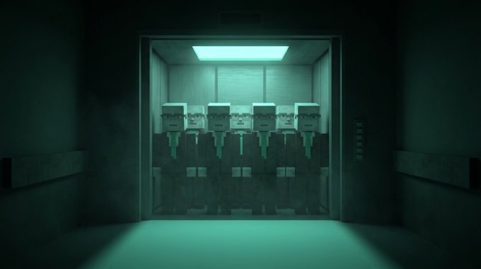 An eerie, dimly lit elevator with Minecraft villagers lined up inside casts a greenish glow in a dark hallway, with no visible text or numbers. The mysterious, looming figures and tense atmosphere visually amplify the post's teasing message of an upcoming reveal, building suspense for "REVEAL IN 1 HOUR."