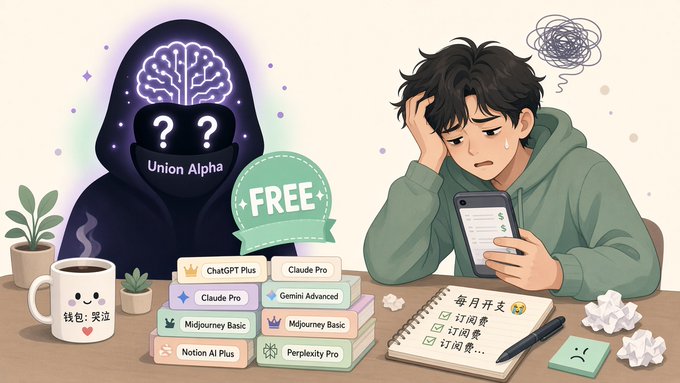 An illustration shows a stressed young man at a desk overwhelmed by AI subscription costs, with a shadowy 'Union Alpha' figure offering free access to services like ChatGPT Plus, Claude Pro, Gemini Advanced, Midjourney Basic, Notion AI Plus, and Perplexity Pro.