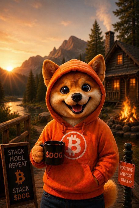 A Shiba Inu in an orange Bitcoin-themed hoodie holds a mug reading "$DOG" beside a campfire at sunset, with signs saying "STACK HODL REPEAT $DOG" and "POSITIVE ENERGY ONLY," visually reinforcing the post's message of loyal, Bitcoin-native believers holding $DOG through market noise.