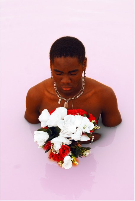 A photographic portrait of a young, shirtless Black man with short hair and silver chains, looking down while submerged in pink water holding a bouquet of white and red flowers.