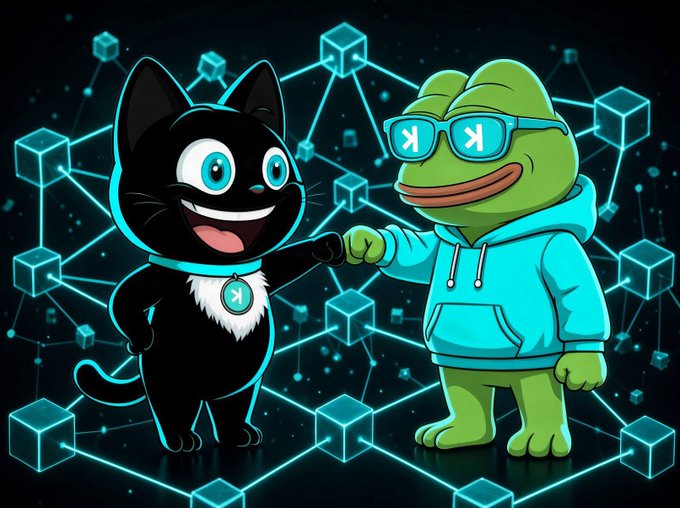 A black cat with a "K" medallion bumps fists with a cool frog wearing blue sunglasses and a hoodie, standing together on a glowing cyan blockchain network of cubes. The image playfully illustrates the post's point that cats and frogs (meme coin mascots) get along just fine, alongside the tickers $NACHO and $KAS.