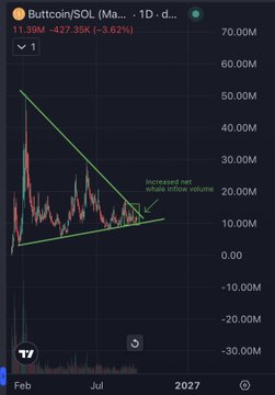 A cryptocurrency price chart for Butttcoin/SOL showing a descending triangle pattern with annotation reading 'Increased net whale inflow volume' and current price around 11.3M.