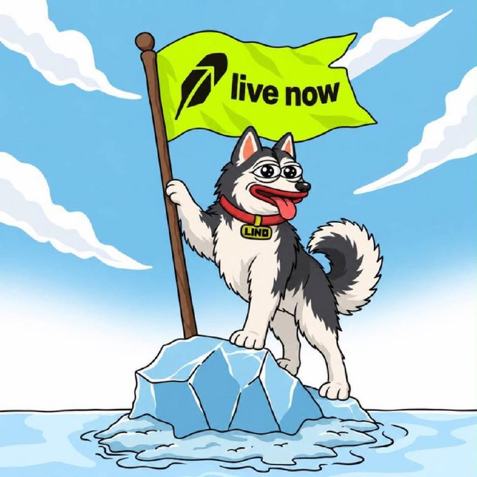 A cartoon illustration of a husky dog wearing a 'LIND' collar, standing on an ice floe and holding a green flag with an upward arrow that reads 'live now'.