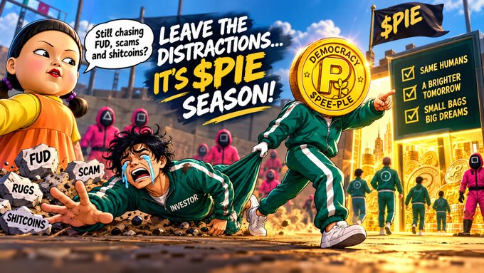 A Squid Game-themed satirical illustration featuring the Young-hee doll with the speech bubble 'Still chasing FUD, scams and shitcoins?' while a player in a 'Squid Pie' ($PIE) tracksuit drags a crying 'Investor' away from distractions, with a checklist reading 'Same Humans, A Brighter Tomorrow, Small Bags Big Dreams.'