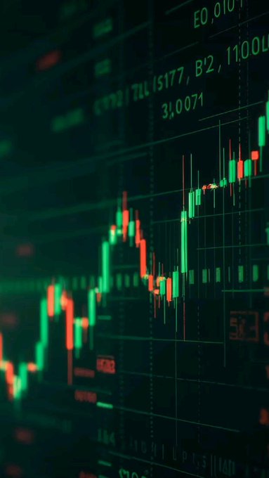 A close-up shot of a glowing green and red candlestick chart displays market data, including the ticker "TLLI5177" and prices like "3.0071" and "1100L", set against a dark background. The image visually reinforces the post's message by highlighting the order book trading and market execution efficiency that the Injective protocol offers compared to AMM-based platforms.
