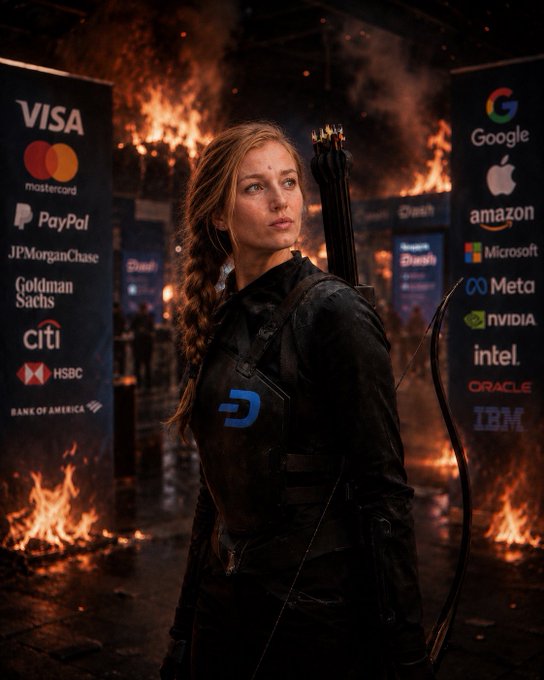 A dramatic, action-movie style image of a woman resembling Jennifer Lawrence as Katniss Everdeen from The Hunger Games, wearing black tactical gear with a Dart logo, standing amidst fire with panels displaying logos of major financial and tech companies (Visa, Mastercard, Google, Apple, etc.) in the background.