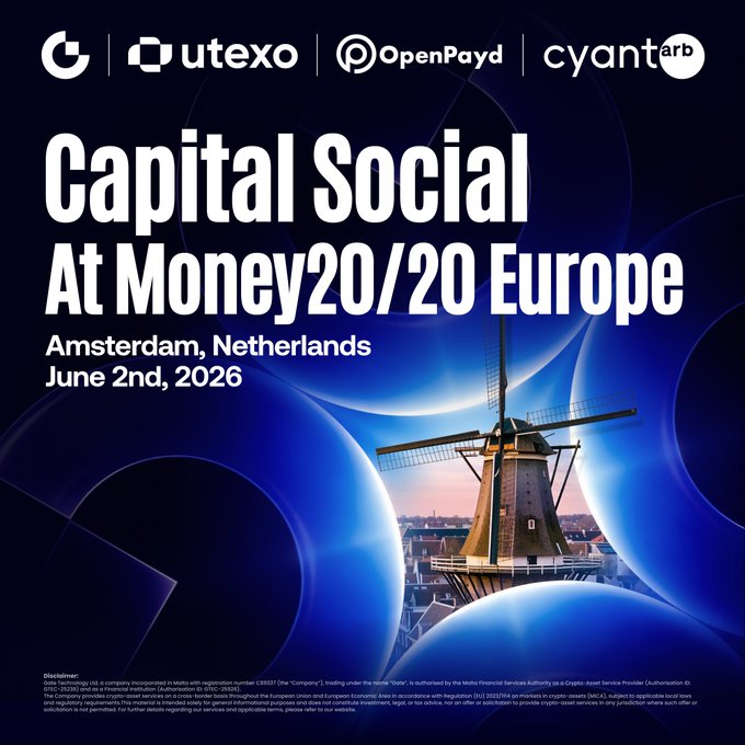 The image features a large blue circle with a small black dot inside of it, which appears to be a windmill. The background of the image is dark blue, providing contrast for the windmill. Below the windmill, there are two lines of text that read "Capital Social at Money20/20 Europe" and "Amsterdam, Netherlands". These texts are positioned above the windmill in the center of the image.