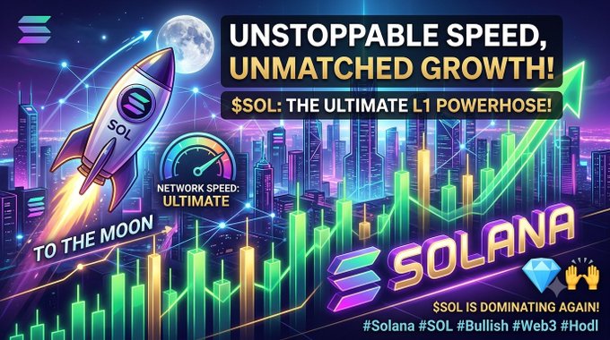 A vibrant crypto promotional graphic for Solana (SOL) with the text "UNSTOPPABLE SPEED, UNMATCHED GROWTH!" and "$SOL: THE ULTIMATE L1 POWERHOSE!" and "TO THE MOON," featuring a rocket, city skyline, and green upward chart.