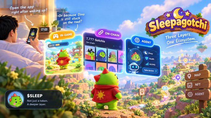 A promotional graphic for 'Sleepagotchi' showing a green dinosaur character in an in-game, on-chain, and agent ecosystem, with text including 'Open the app right after waking up?', 'Three Layers. One Ecosystem.', and '$SLEEP'.