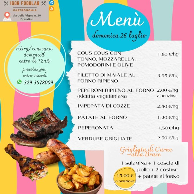 Italian menu from Igor Foodlab (Brindico) for Sunday July 26, featuring items like cous cous with tuna, stuffed pork fillet, and grilled meats priced in euros.
