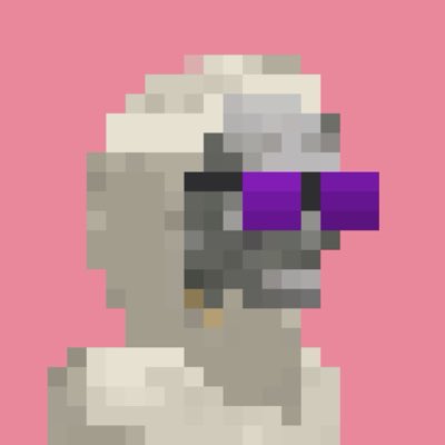 Pixel art portrait of a character with a beige hood and purple visor on a pink background.