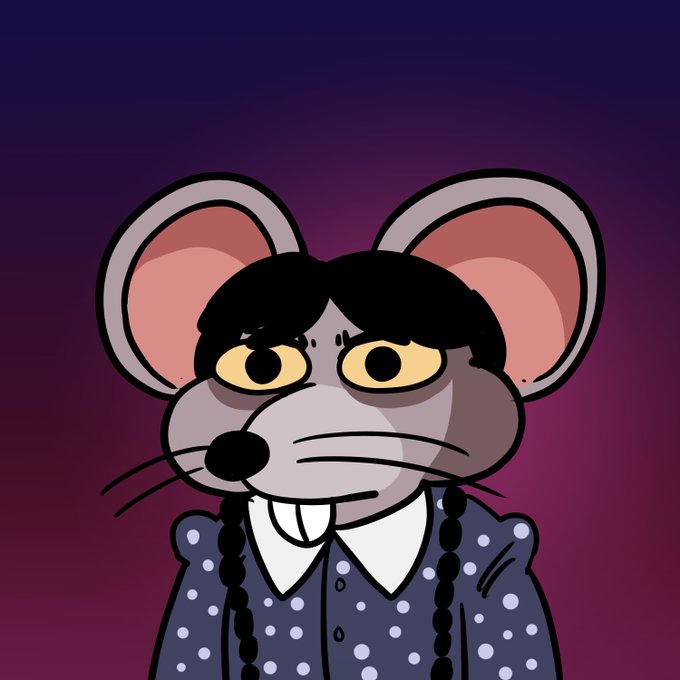 A cartoon illustration of a gray mouse with large pink-lined ears, black braided hair, and a blue polka-dot shirt, set against a purple gradient background.