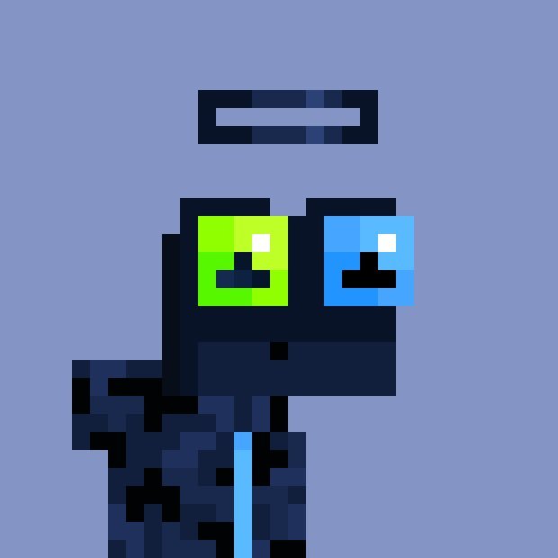 A pixel art illustration of a dark, blocky figure with glowing green and blue eyes and a digital halo floating above its head against a solid blue background.