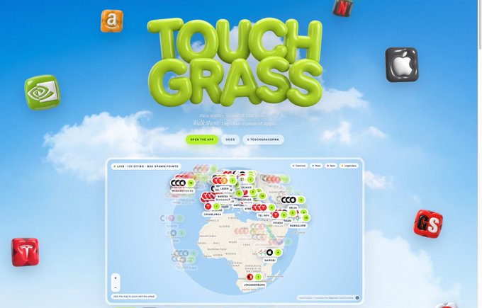 The image showcases the "Touch Grass" website, featuring a 3D map of Africa populated with company ticker icons like CC0, JNJ, MS, and SHOP against a sky-blue background. Floating app icons from Apple, NVIDIA, AMD, and other tech brands frame the title, visually reinforcing the post's description of a stock market version of Pokémon GO.