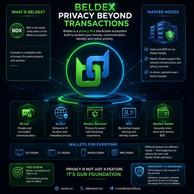 An infographic for 'BELDEX - PRIVACY BEYOND TRANSACTIONS' highlighting the BDX token, Master Nodes, BChat, BelNet, Beldex Browser, BNS, and Beldex Wallet ecosystem.
