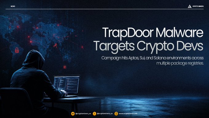 The image shows a person sitting at a desk with a laptop computer open in front of them. The background features a map or globe, which could be related to the malware targeting crypto developer environments. The text on the image reads "Campaign hits @SocketSecurity identified the TrapDoor campaign targeting Aptos, Sui, and Solana developer environments through 34+ malicious packages and more than 384 versions across npm, PyPI, and". This suggests that researchers have uncovered a sophisticated cyberattack targeting specific crypto developer environments.