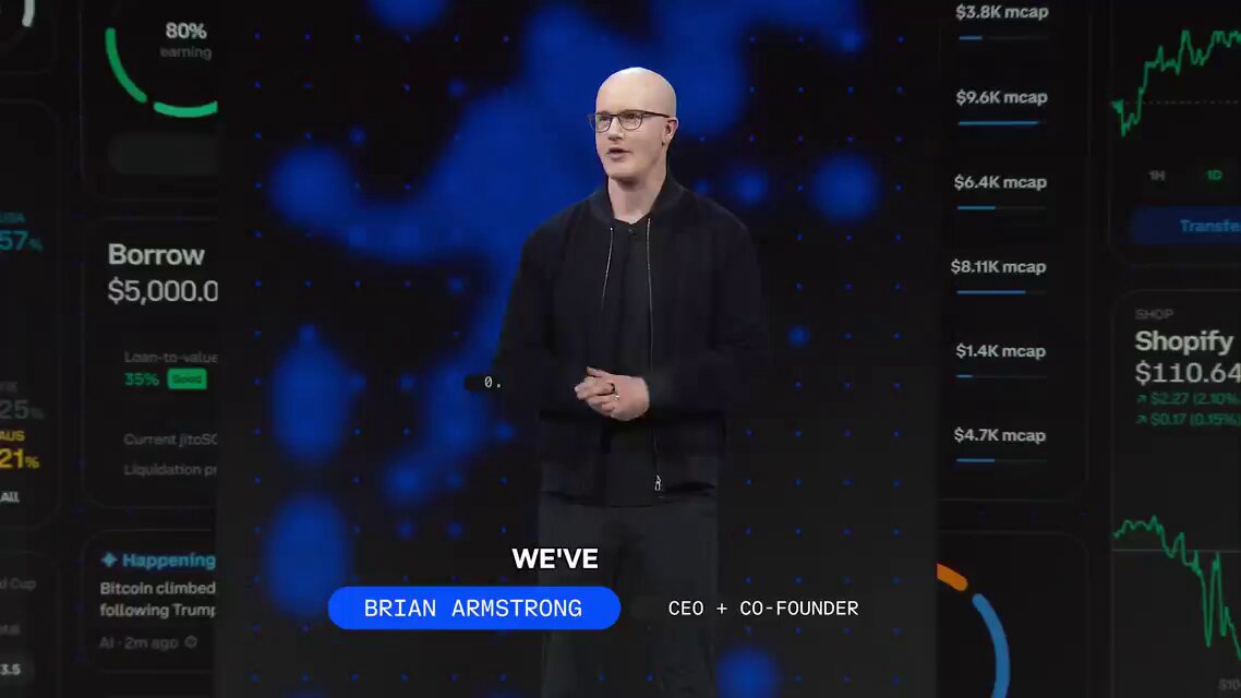 The image depicts a large screen with an animated man wearing glasses standing behind a podium giving a speech or presentation. The text displayed on the screen includes various mentions of Bitcoin, stocks, tokenized stocks, options, and crypto options. Some text also references tokens, equity indices, and time-based markets in the USA. This information is likely related to the cryptocurrency market, which was recently covered by @coinbase in their announcement.
