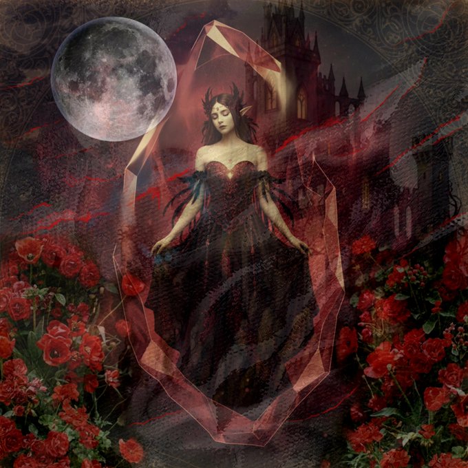 A dark gothic fantasy illustration featuring a horned woman in a flowing dark gown holding the edges of her dress, surrounded by a translucent red crystal-like structure, red roses, and a gothic castle under a large moon.