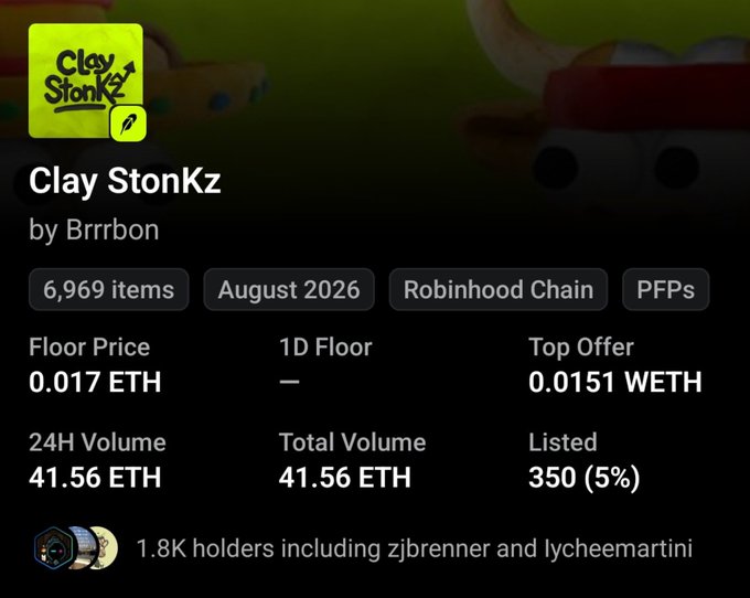 A digital asset listing for 'Clay StonKz' by Brrrbon shows details including '6,969 items', 'August 2026', 'Robinhood Chain', 'PFPs', a floor price of '0.017 ETH', and '1.8K holders including zjbrenner and lycheemartini'.