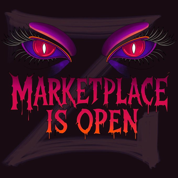 A dark graphic with a stylized 'Z' background featuring two glowing pink and purple eyes with long eyelashes above the text 'MARKETPLACE IS OPEN' in dripping red and orange letters.