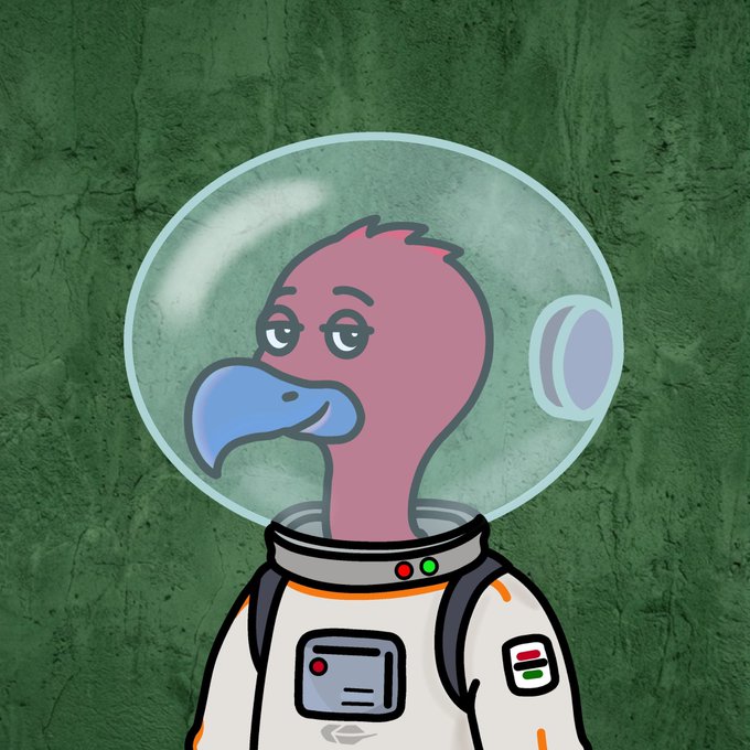 A cartoon illustration of a pink flamingo wearing an astronaut helmet and a white spacesuit against a green textured wall background.