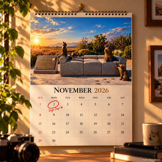 A wall calendar for 'NOVEMBER 2026' features a photo of cats on a stone bench at sunset, with the date '2' circled in red and labeled 'Dog Day!'.
