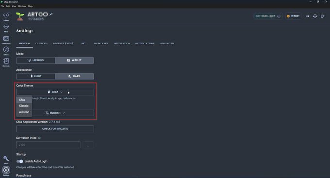A settings menu screen for 'ARTOO Partners' showing Color Theme options (Chia, Classic, Autumn) with a red box highlighting the selection.