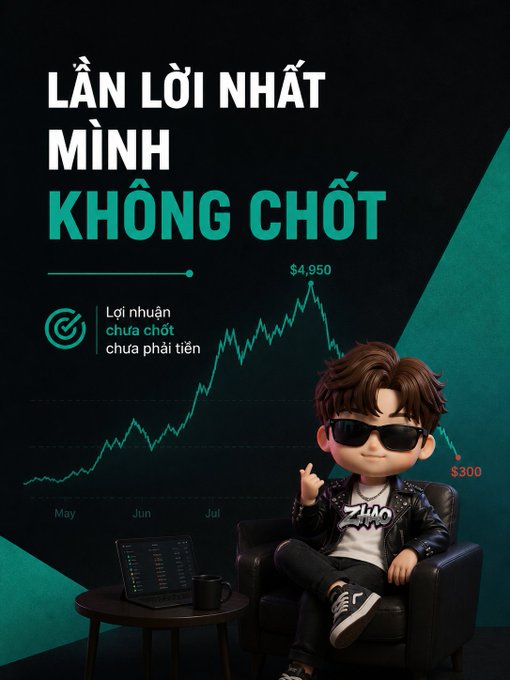 The image shows a stylized graphic with Vietnamese text "LÀN LỜI NHẤT MÌNH KHÔNG CHỐT" (My biggest profit that I didn't take) and "Lợi nhuận chưa chốt chưa phải tiền" (Unrealized profits aren't real money), featuring a stock chart rising to $4,950 then crashing to $300, alongside a 3D-rendered figure in sunglasses sitting in an armchair. The graphic visually illustrates the post's cautionary tale about an airdrop that surged from $500 to nearly $5,000 before plummeting to under $300, reinforcing the lesson that unrealized gains can quickly vanish due to greed.