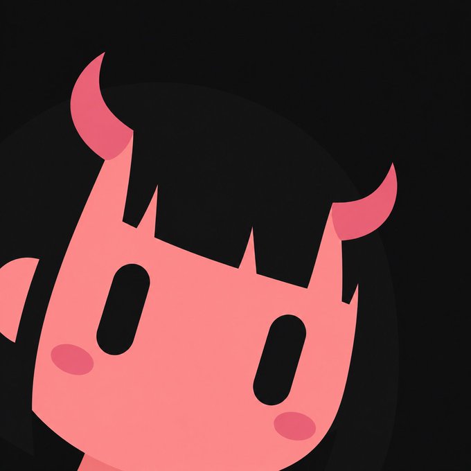 A cute, stylized chibi illustration of a pink devil character with black hair, small horns, and blushing cheeks peeks from the corner of a dark background, embodying the "tiny cute devil Grok Bot" described in the post.