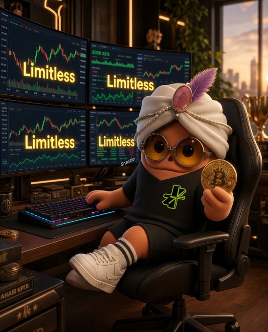 A stylized digital illustration of a character wearing a turban with a purple feather and yellow-tinted sunglasses, holding a Bitcoin coin in front of multiple monitors displaying 'Limitless' trading charts.