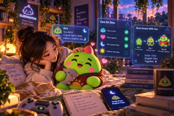 A colorful illustration for 'SLEEPAGOTCHI' shows a girl holding a green dinosaur plush with UI elements like 'Care for Dino' and 'Dino Grows With You.'