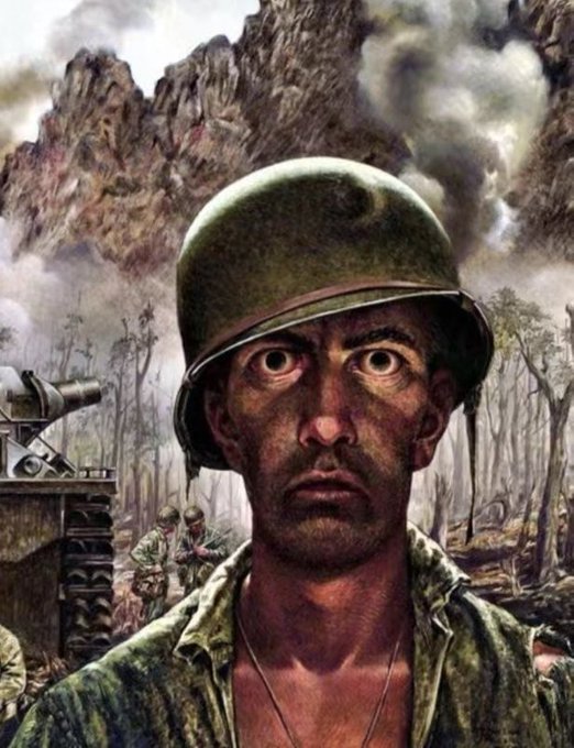 A painted illustration depicts a weary, soot-covered soldier wearing a green helmet, with a tank and other troops visible in a war-torn background of mountains and smoke.