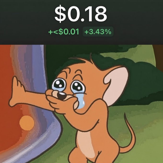 A screenshot shows a stock/crypto price of "$0.18" with a tiny gain of "+<$0.01" and "+3.43%," paired with a meme of Jerry from *Tom and Jerry* tearfully holding his hands up in a "tiny amount" gesture, humorously illustrating that even with a percentage gain, the actual dollar increase is negligible on such a low-value holding.
