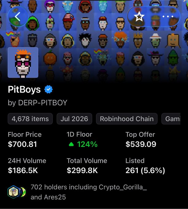 An NFT collection listing for 'PitBoys' by DERP-PITBOY on Robinhood Chain, featuring 4,678 items with a floor price of $700.81, up 124% in 24 hours.