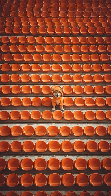 The image features a large number of orange seats arranged in rows, with an orange dog sitting between two rows of seats. The dog appears to be wearing a costume that resembles a bear suit or a teddy bear outfit. The caption "Como os $DOG tāo se sentindo" suggests that the image is related to a post about dogs and their costumes.