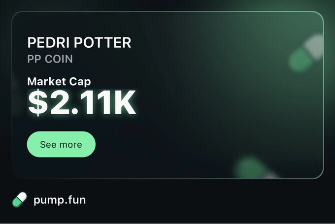 A pump.fun listing for the "PEDRI POTTER" (PP COIN) meme token shows a market cap of $2.11K with a "See more" button, tying into the accompanying post sharing a pump.fun join link to promote the coin.