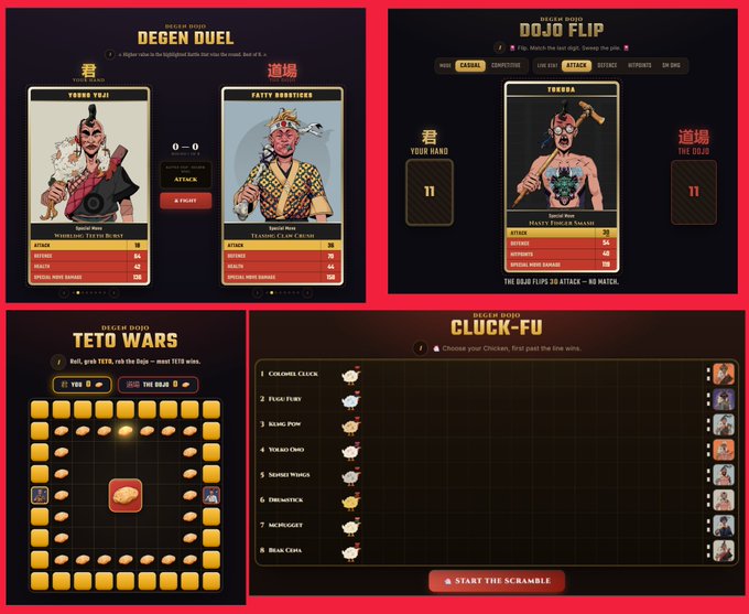 Four "Desert Dojo" mini-game screens show chicken battles: Degen Duel (Yokoz Tekai vs Fatty Bodkins, 0-0), Dojo Flip (Tsukuba with 29/45/48/130 stats), Tetsu Dojo Wars (grid of 6x6 chickens, "YOU 8" vs "DEGEN 9"), and Cluck-Fu leaderboard where #1 Colonel Cleck leads with a chicken icon. The post "Enter the Dojo, Feed that inner Degen" reflects the degen-themed chicken fighting games.