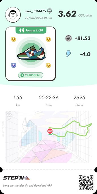 The image is a STEP'N app screenshot showing a completed walk by "Jogger Lv28" user_1314475, earning 3.62 GST/Min (+81.53 GST), having walked 1.55 km in 22 minutes and 36 seconds with 2,695 steps. It aligns with the post about a morning walk on a gloomy day, with the mapped route visually capturing the rainy, overcast scenery described in the caption.